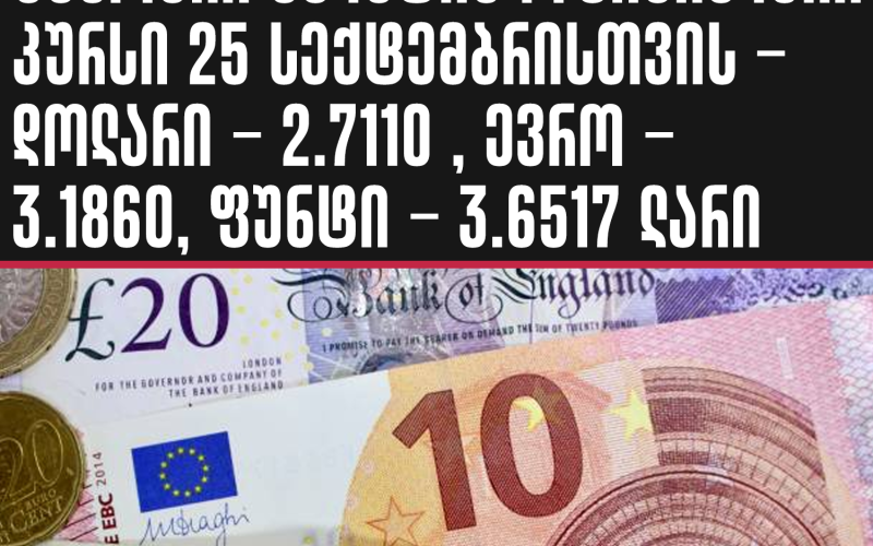 უცხოური ვალუტის ოფიციალური კურსი 25 სექტემბრისთვის – დოლარი – 2.7110 , ევრო – 3.1860, ფუნტი – 3.6517 ლარი