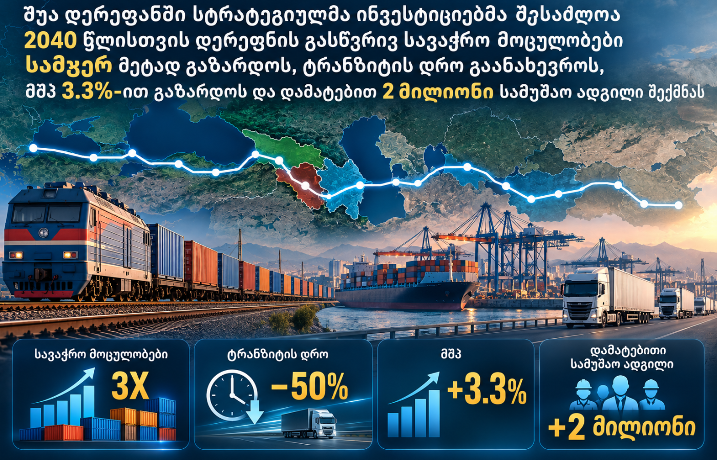 შუა დერეფანში სტრატეგიულმა ინვესტიციებმა შესაძლოა 2040 წლისთვის დერეფნის გასწვრივ სავაჭრო მოცულობები სამჯერ მეტად გაზარდოს…